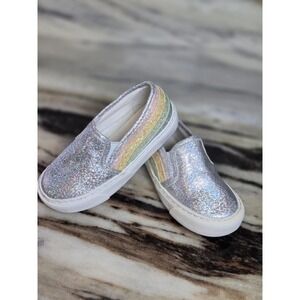 Olive & Edie Girls Silver Glitter Rainbow Stripe Slip On Sneakers Low Top Shoe 8